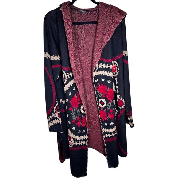Maxsport XL Embroidered Hooded Cardigan Boho Floral Knit Red Black Wool Blend - Picture 2 of 8